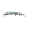 Reverse side of the Dark Side Blades DS-A2026GN featuring the stainless steel pocket clip, aluminum handle, and embossed hawkbill blade.