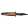 Reverse side of the Dark Side Blades Gold Medusa knife showing the black pocket clip and textured gold aluminum handle.