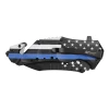 Closed MTech USA Protect & Serve folding knife featuring Thin Blue Line American flag handle, pocket clip, and integrated glass breaker.