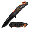 Tac-Force TF-723EM EMS assisted opening rescue folding knife with black 3.25-inch half-serrated drop point blade, black and orange aluminum handle, glass breaker, and seat belt cutter.
