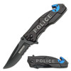Tac-Force TF-525PD Police assisted opening rescue folding knife featuring a black 3.25-inch half-serrated drop point blade, black aluminum handle with silver POLICE lettering, blue accents, glass breaker, and seat belt cutter.