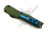 Back side of the closed Armed Force Tactical Carbon Charge knife featuring the blue pocket clip and matte OD green handle.