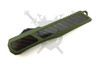 Closed view of the Carbon Charge OTF automatic knife displaying the OD green handle with carbon fiber inlays and textured grip panels.
