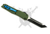 Reverse side of the Armed Force Tactical Carbon Charge OTF knife showing the blue deep-carry pocket clip and deployed two-tone Tanto blade.
