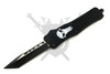 Armed Force Tactical Model 112LPSTP Punisher Skull Lightning-Deploy OTF automatic knife with a matte black American Tanto blade, textured black handle, and white Punisher Skull graphic deployed.
