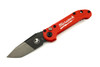 Microtech Signature Series LUDT Gen III automatic knife 1136-1MWS with Milwaukee Red aluminum handle and two-tone M390MK Tanto blade deployed.