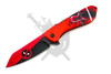 Mercenary Mayhem Deadpool spring assisted folding knife with red graphic aluminum handle and matching reverse tanto blade opened.