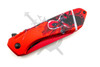 Back side of closed Mercenary Mayhem Deadpool pocket knife with black pocket clip and full Deadpool graphic handle.