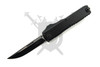 Microtech UTX-70 Gen IV 11484-1T automatic OTF knife with black handle and black drop point blade open front view