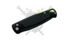 Armed Force Tactical Blackout Sentinel automatic knife closed showing textured black aluminum handle with green accent liners.