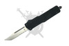 Armed Force Tactical Shadow Ridge OTF Automatic Knife 319LBSTS open with 4-inch satin partially serrated D2 Tanto blade and black G-10 handle.