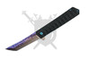 Elite Edge Modern Laser Damascus spring assisted flipper knife with purple etched American Tanto blade and black textured aluminum handle.