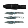 Three Perfect Point PP-318BL blue spider throwing knives displayed beside the included black nylon carrying sheath.