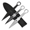 Perfect Point PP-307-3 set of three black, silver, and two-tone throwing knives displayed across the included black nylon sheath.