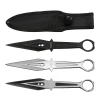 Three Perfect Point PP-307-3 stainless steel throwing knives displayed individually beside the included black nylon carrying sheath.
