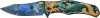 Front open view of the Masters Collection MC-A028GG knife showing the ancient ruins blade graphic and embossed green and gold Medusa handle.