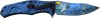 Reverse open view of the Masters Collection MC-A028GG knife showing the black pocket clip, blue embossed Gorgon handle, and ancient ruins blade artwork.