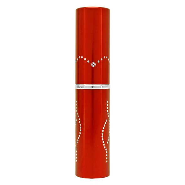 Closed metallic red lipstick stun gun with decorative diamond-style embedded accents and sleek cylindrical aluminum body.