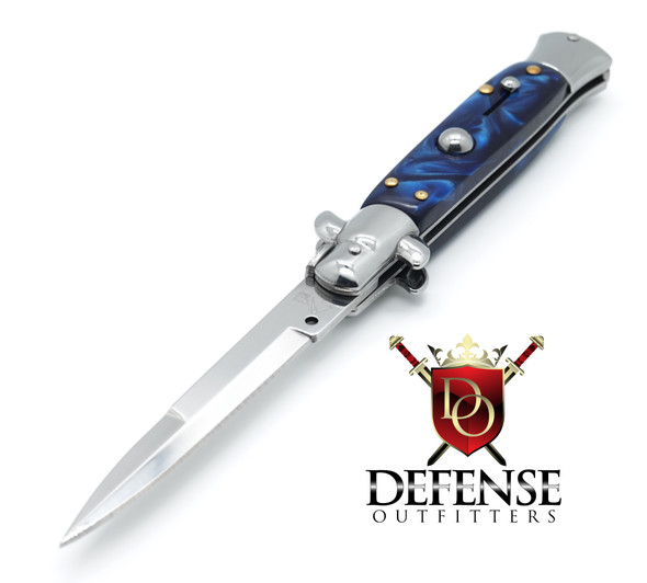 AKC Italian Switchblade Bayonet Automatic Knife 9" Stainless Blade Marble Blue Assembled Kit