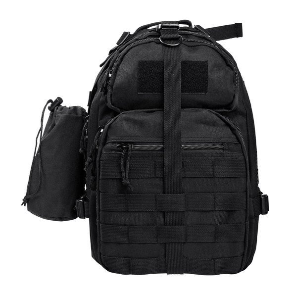Front view of black Vism sling backpack with MOLLE webbing, multiple zippered compartments, and patch-ready hook-and-loop panel.