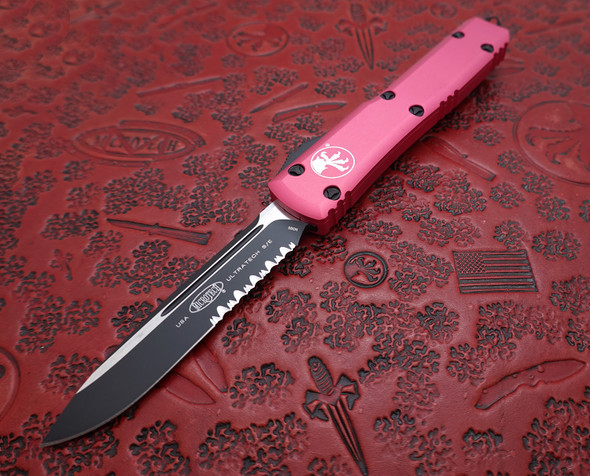 Microtech Ultratech OTF Automatic Pink Handle Drop Point Serrated Tactical Black Blade