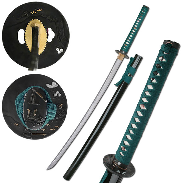 Hand Forged Samurai Sword Full Tang with Turquoise Cotton Wrapped Handle By Blades USA