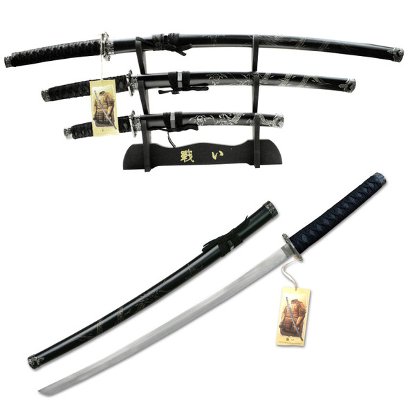 BladesUSA 3-Piece Sword Set with Stand: Black Dragon Carved Lacquer Scabbard Collection