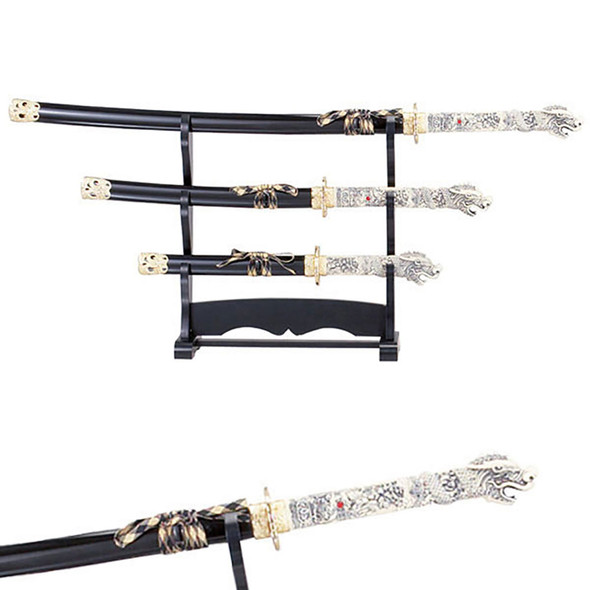 Black Wood Scabbard 3-Piece Samurai Sword Set with Dragon Design Handles and Golden Dragon Tsuba Ensemble