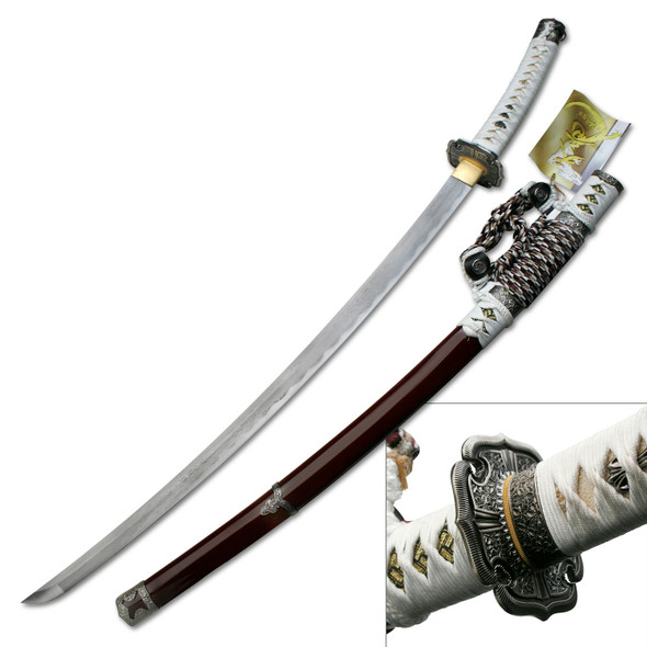 Ten Ryu Hand-Forged Samurai Sword with Damascus Etched Blade and Burgundy Scabbard