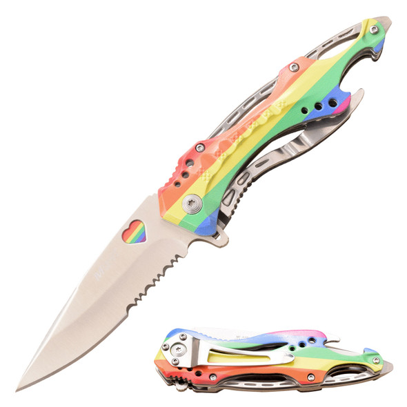 MTech USA Spring Assisted Rainbow Handle Heart Engraved Serrated Blade