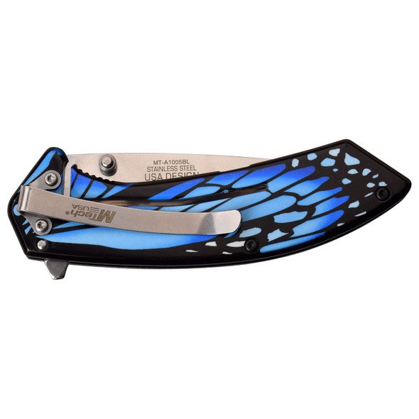 MTech USA Spring Assisted Blue Butterfly Handle Mirror Polished Drop Point Blade