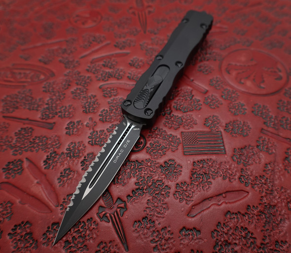 Microtech Dirac Black Tactical OTF Knife Standard Double Edge Fully Serrated Blade