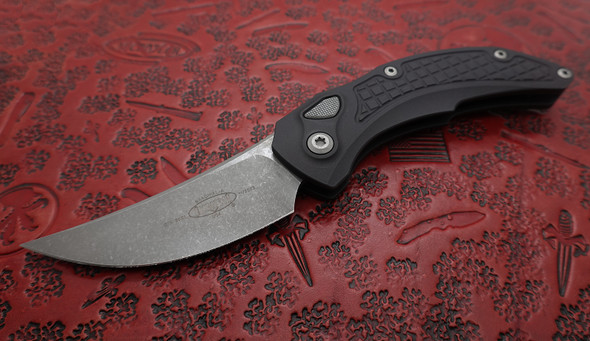 Microtech/Bastinelli Creations Brachial Automatic Folding Knife Apocalyptic Trailing Point Blade, Milled Black Aluminum Handles