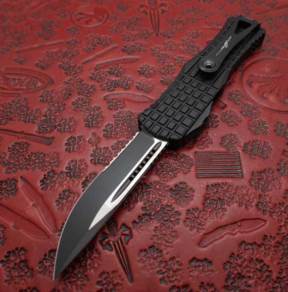 Microtech Signature Series Hera Tactical OTF Auto Knife  Black Drop Point Combo Blade, Black Frag Aluminum Handle