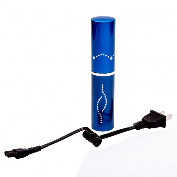 Metallic blue Cheetah CH-18BL lipstick-style rechargeable stun gun shown with included charging cord and decorative crystal-style accents.