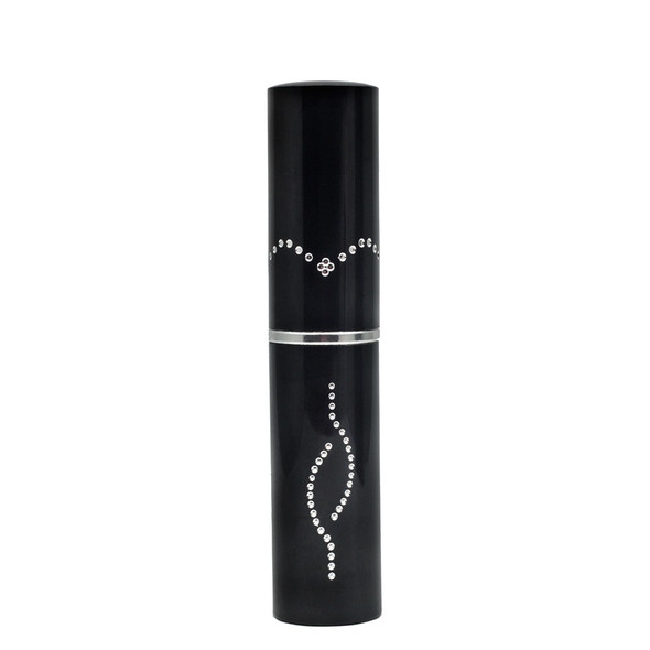 Closed gloss black lipstick stun gun with decorative crystal-style embedded accents and compact cylindrical body.