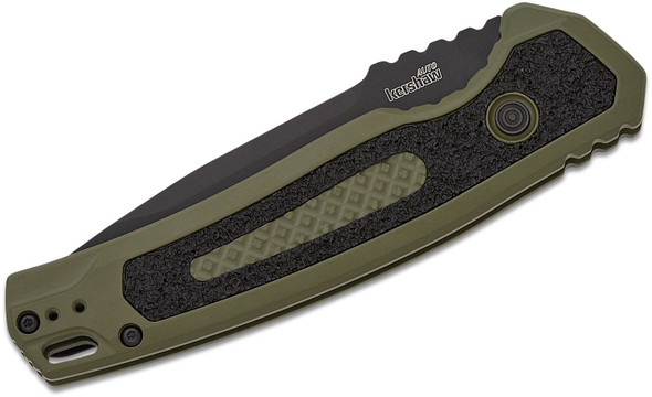 Kershaw Launch 16 Automatic Black Cerakote Tanto Plain Blade, Olive Aluminum Handles with Trac-Tec Inlays, Reversible Clip