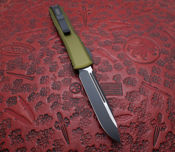 Microtech Ultratech Automatic OTF Knife Black Plain Drop Point Blade, OD Green Aluminum Handle