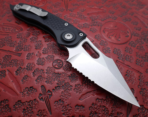 Microtech/Borka Blades Automatic Stitch Stonewashed Spear Point Combo Blade, Black Aluminum Handle