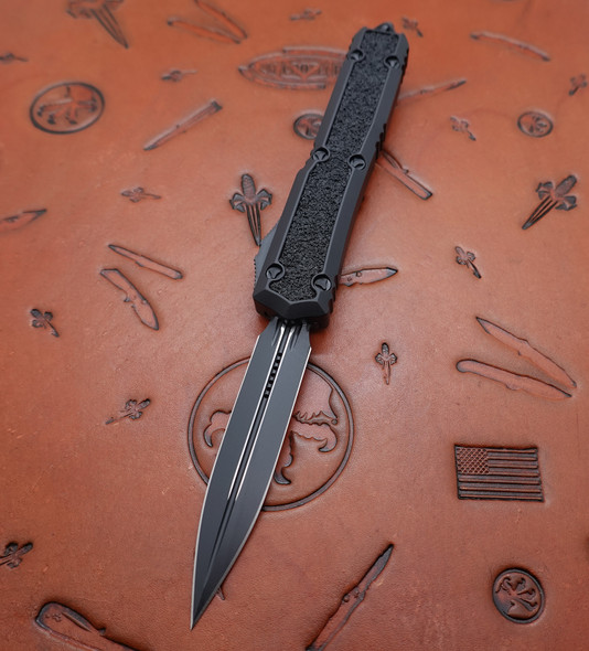 Microtech Signature Series Makora Tactical OTF Automatic Black Double Edge Dagger Blade, Black Aluminum Handles with Black Traction Inlays