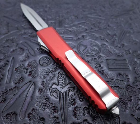 Microtech Ultratech Automatic OTF Knife Stonewashed Plain/Serrated Double Edge Dagger Blade, Red Aluminum Handle