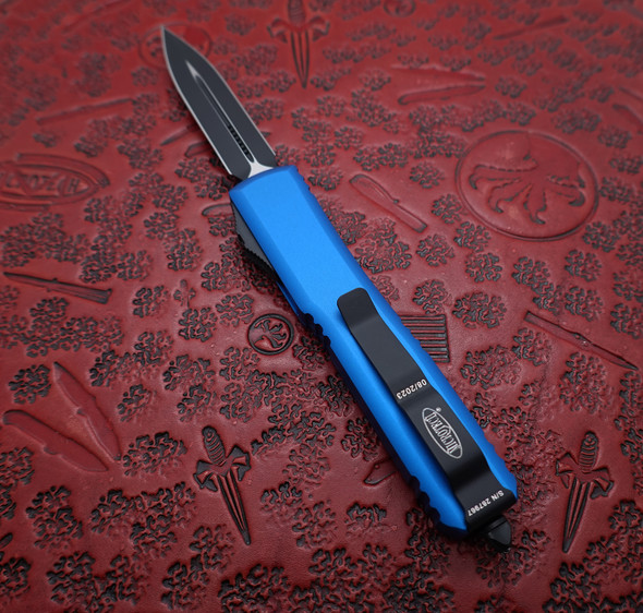 Microtech Ultratech Automatic OTF Knife Black Double Edge Dagger Blade, Blue Aluminum Handles