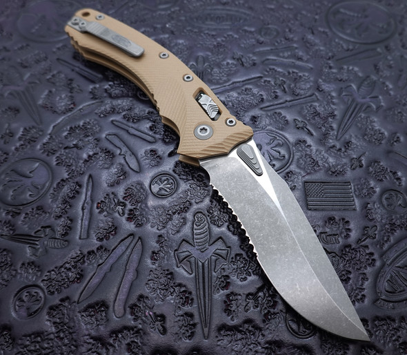 Microtech Folding Knife Amphibian RAM-LOK S/E Fluted Tan G-10 Apocalyptic Serrated