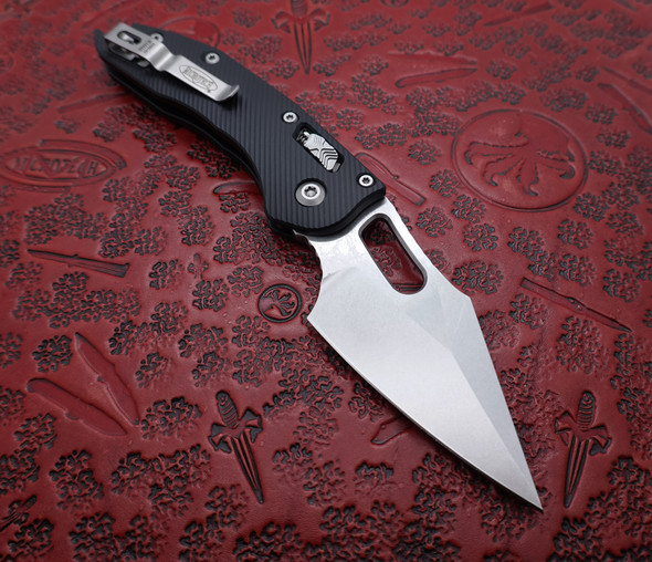 Microtech Stitch RAM-LOK Manual Folding Knife Bohler M390MK Stonewashed Spear Point Plain Blade, Black Fluted Aluminum Handles, AXIS/Crossbar Lock