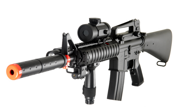 Double Eagle Airsoft BB M83B2 Plastic Gear M4 Style AEG w/ Laser, Flashlight, & Red Dot Scope, Black
