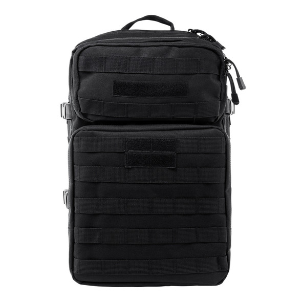 Black VISM Assault Backpack featuring MOLLE webbing, dual front compartments, padded shoulder straps, and multiple compression buckles. Shown from front, side, and rear angles.