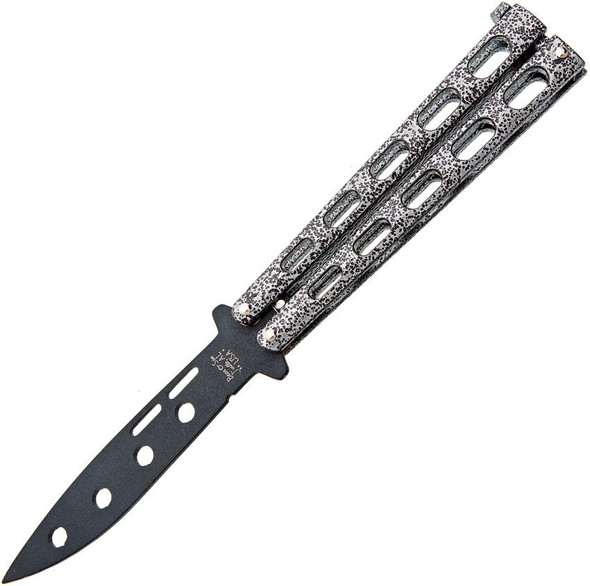 Bear & Son Butterfly Trainer Black Drop Point Blunt Blade, Silver Vein Slotted Zinc Handles, Latch Lock