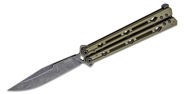 Kershaw Lucha Balisong Butterfly Knife BlackWashed Sandvik 14C28N Clip Point Blade, OD Green Stainless Steel Handles, Latch Lock