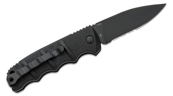 Boker Plus Automat Kalashnikov Automatic Folding Knife 3.35" D2 Black Partial Serrated Drop Point Blade, Black Aluminum Handles