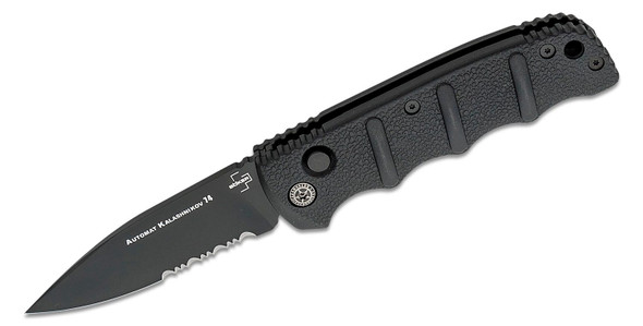 Boker Plus Automat Kalashnikov Automatic Folding Knife 3.35" D2 Black Partial Serrated Drop Point Blade, Black Aluminum Handles